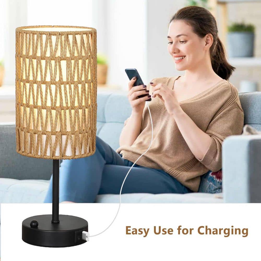 Taoi Fxio 15 in. Brown Rattan + Metal Touch Table Lamp with Bulb ...