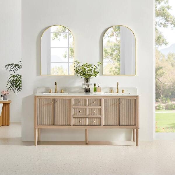 Blaise 72 in. Double Freestanding Light Oak Bath Vanity with Grain White Engineered Stone Top Assembled