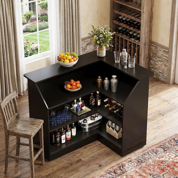 BYBLIGHT Kearsten 44.09 in. H Black 4-Tier L-Shaped Home Bar Table
