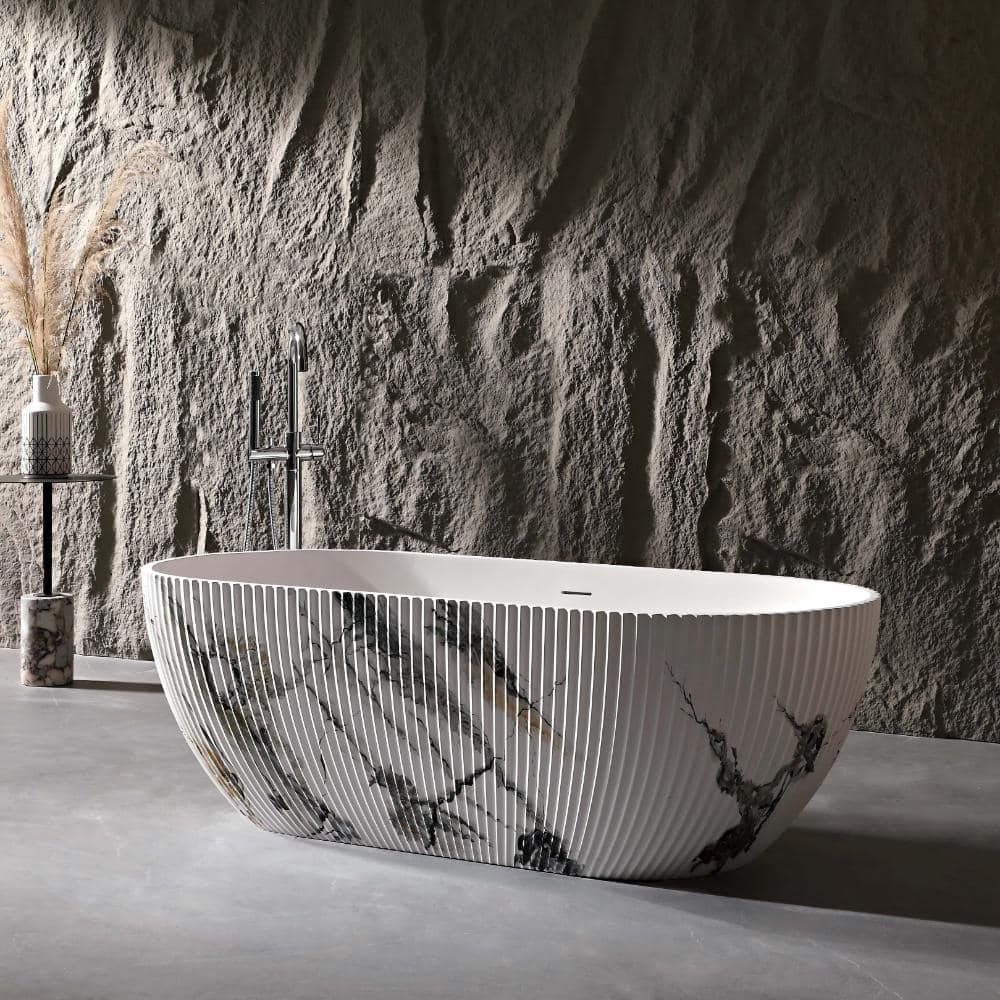 67 in. White Solid Surface Oval Freestanding Soaking Bathtub with Fluted Marble-Look Exterior price history on PriceWatchPro