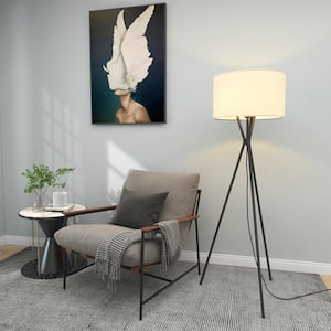 64 .25 in. Matte Black Indoor Tripod Floor Lamp with White Fabric Shade