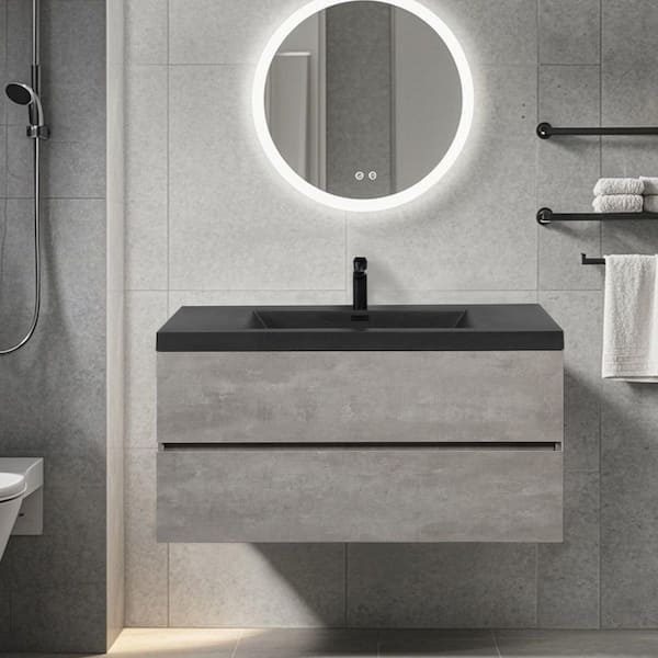 41.93 in. W x 19.69 in. D x 22.44 in. H Wall-Mounted Floating Bath Vanity with Single Black Quartz Sink Top in Grey