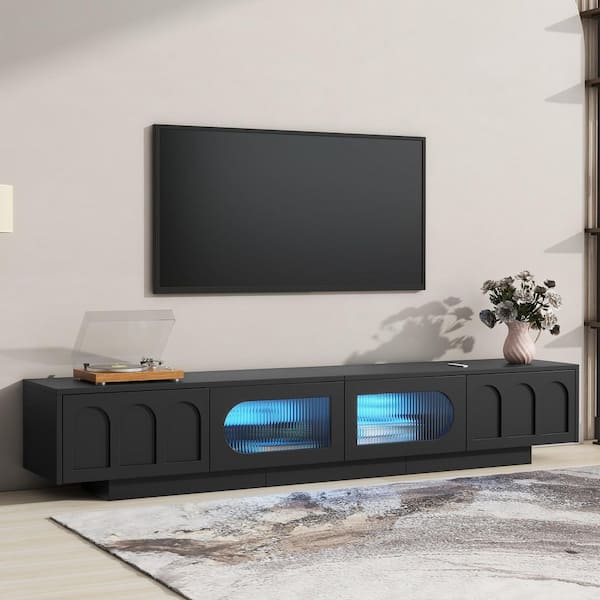 Black TV Stand Entertainment Center Fits TVs Up to 95 in. with Fluted Glass Doors and LED Lighting