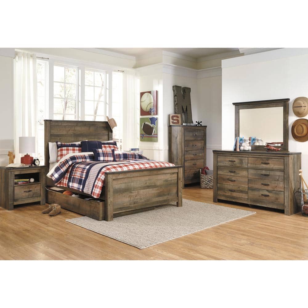 Full Brown Wood Panel Bed with Storage