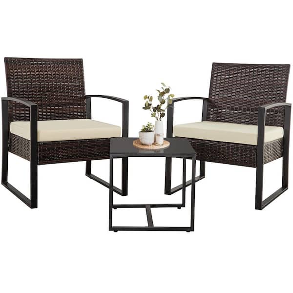 3-Piece Outdoor Brown PE Wicker and Steel Patio Conversation Set with Washable Beige Cushions and Square Coffee Table