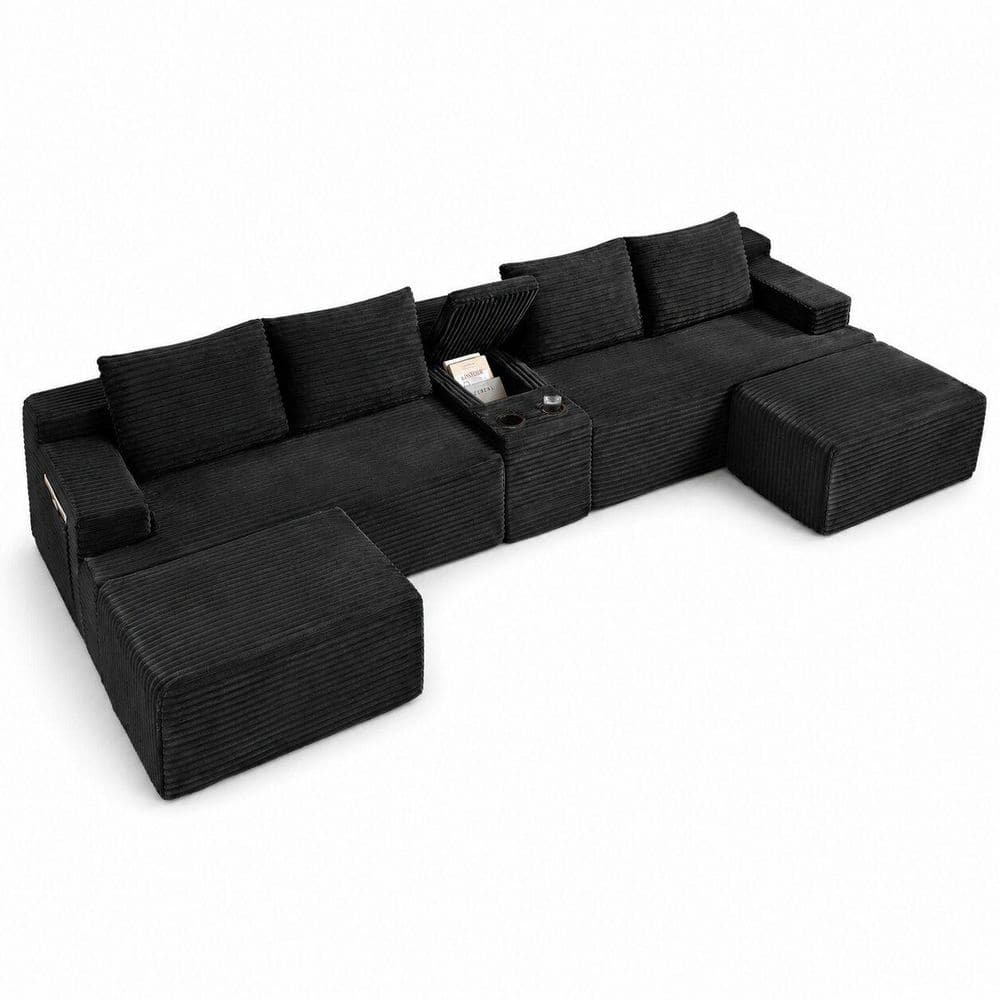 Modern 140.6 in. Corduroy U-Shaped Modular Sectional Sofa with 2 Ottomans and Cup Holders in Black price history on PriceWatchPro