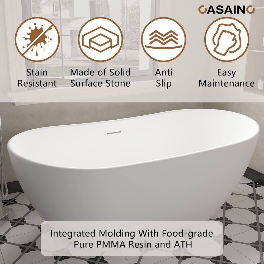65'' White Solid Surface Freestanding Soaking Bathtub