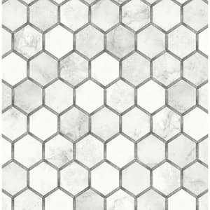 Faux Carrara and Metallic Silver Inlay Hexagon Geometric 20.5 in. x 18 ft. Peel and Stick Wallpaper