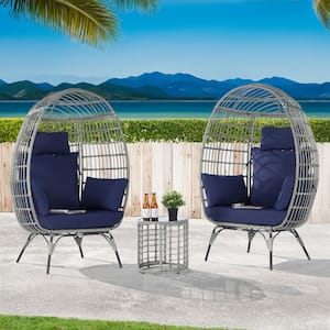 3-Piece Wicker Round Side Table Outdoor Bistro Set Wicker Egg Chair with Navy Blue Cushion