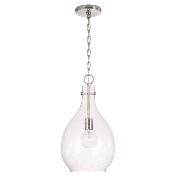 Brentwood 9.75 in. W x 18 in. H 1-Light Pendant in Brushed Nickel with Clear Seeded Teardrop Glass