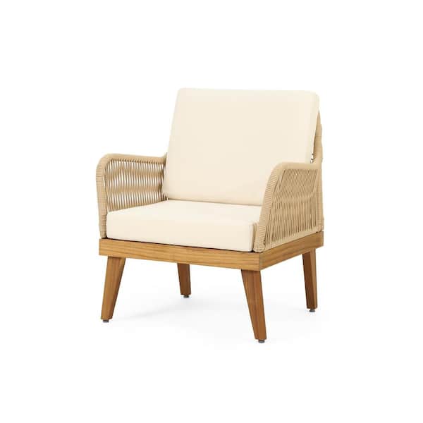 Noble House Inkwood Acacia Wood and Rope Lounge Chair with Beige Cushion