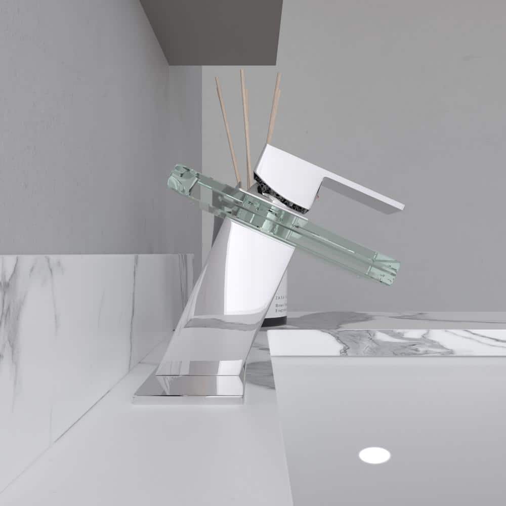 Polished Chrome Glass Spout Single-Handle Low-Arc Bathroom Faucet