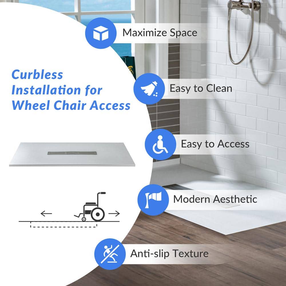 White Solid Surface Low-Profile Curbless Shower Base 60 x 36