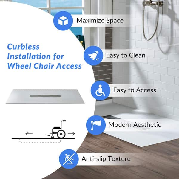 ᐅ【WOODBRIDGE 60-in L x 32-in W Zero Threshold End Drain Shower Base with  Reversable Drain Placement, Matching Decorative Drain Plate and Tile  Flange, Wheel Chair Access, Low Profile, White-WOODBRIDGE】