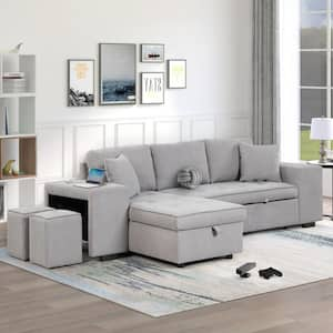 104.5 in. Light Gray Full Size Sofa Bed with Storage Chaise, 2-Stools, Storage Compartment and Lumbar Pillows