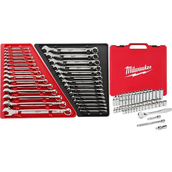 Milwaukee Combination SAE and Metric Wrench Set with 3/8 in. Drive SAE/Metric Ratchet and Socket Mechanics Tool Set (86-Piece)