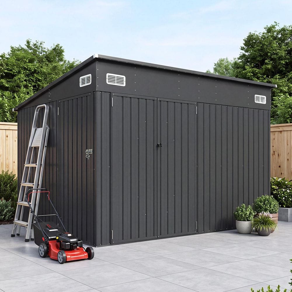 Sizzim 10 ft. W x 8 ft. D Black Outdoor Metal Shed with Triple