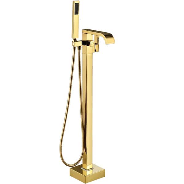 Waterfall Single-Handle Floor Mount Freestanding Tub Faucet Bathtub Filler with Hand Shower in Brushed Gold