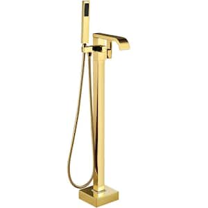 Waterfall Single-Handle Floor Mount Freestanding Tub Faucet Bathtub Filler with Hand Shower in Polish Gold