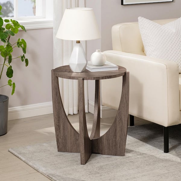 Welwick Designs 19 in. Cerused Ash Round Wood Modern End Table with Intersecting Legs