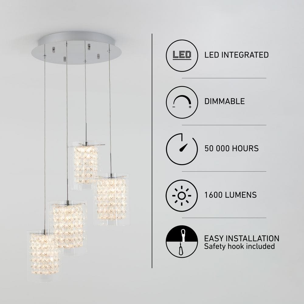 Crystal Cube 4-Light Chrome LED Pendant with Clear Glass Shades