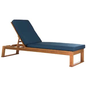 Solano Natural Brown 1-Piece Wood Outdoor Chaise Lounge Chair with Navy Cushion