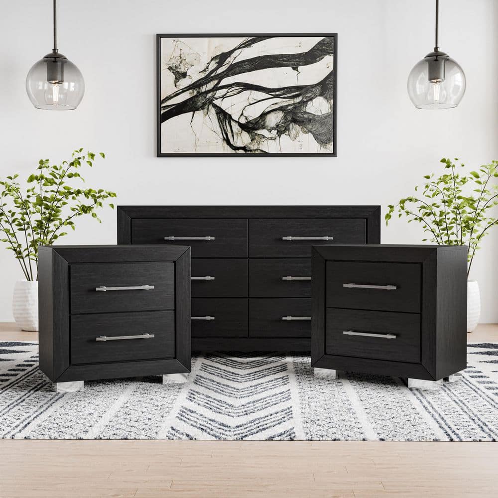 black nightstand dresser Austen Black Wood 26" 3 Drawer Nightstand with USB