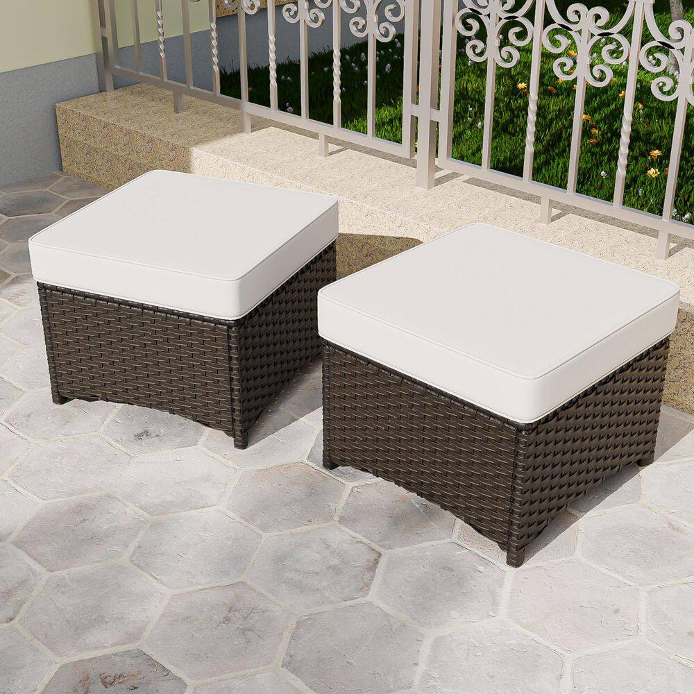 Brown Wicker Outdoor Ottoman Patio Footstool with Beige Cushions (2-Pack)