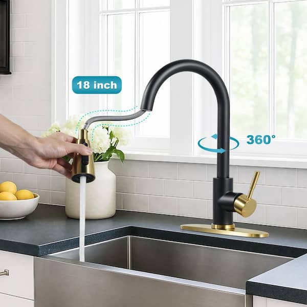 15.6 in. Single Handle Pull Down Kitchen Faucet with 18 in. Sprayer and 360 Degree Swivel in Gold and Black