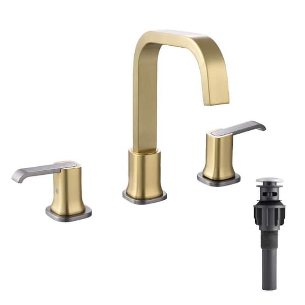 FLG 8 in. Widespread Double Handle Bathroom Faucet with Pop-up Drain 3-Holes Brass Sink Basin Faucet in Brushed Gold & Grey