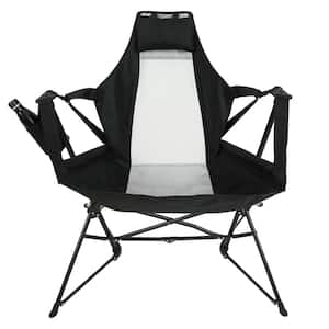 Black Metal Folding Lawn Chair, Camping Chair with Cup Holder and Carry Bag