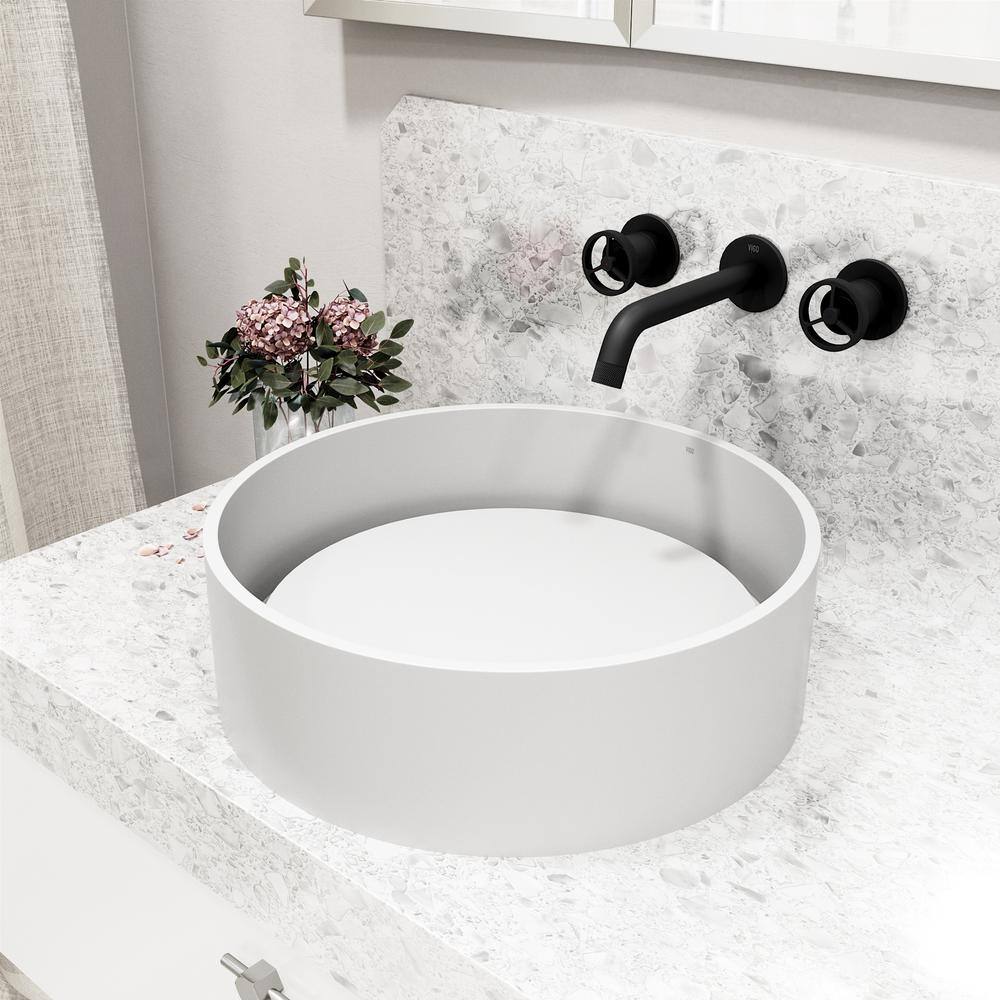 Matte Black and White Round Stone Vessel Sink with Faucet