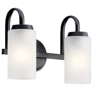 Kennewick 13.25 in. 2-Light Black Traditional Bathroom Vanity Light with Etched Glass