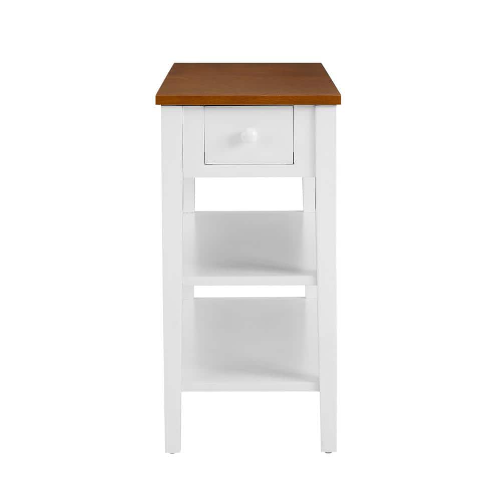 Narrow White and Brown Wood End Table with USB Ports