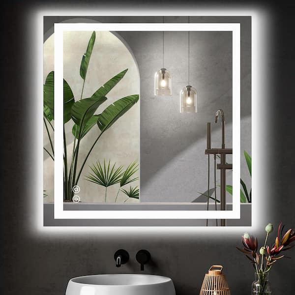 36 in. W x 36 in. H Rectangular Framed Wall Bathroom Vanity Mirror in White with LED Lights