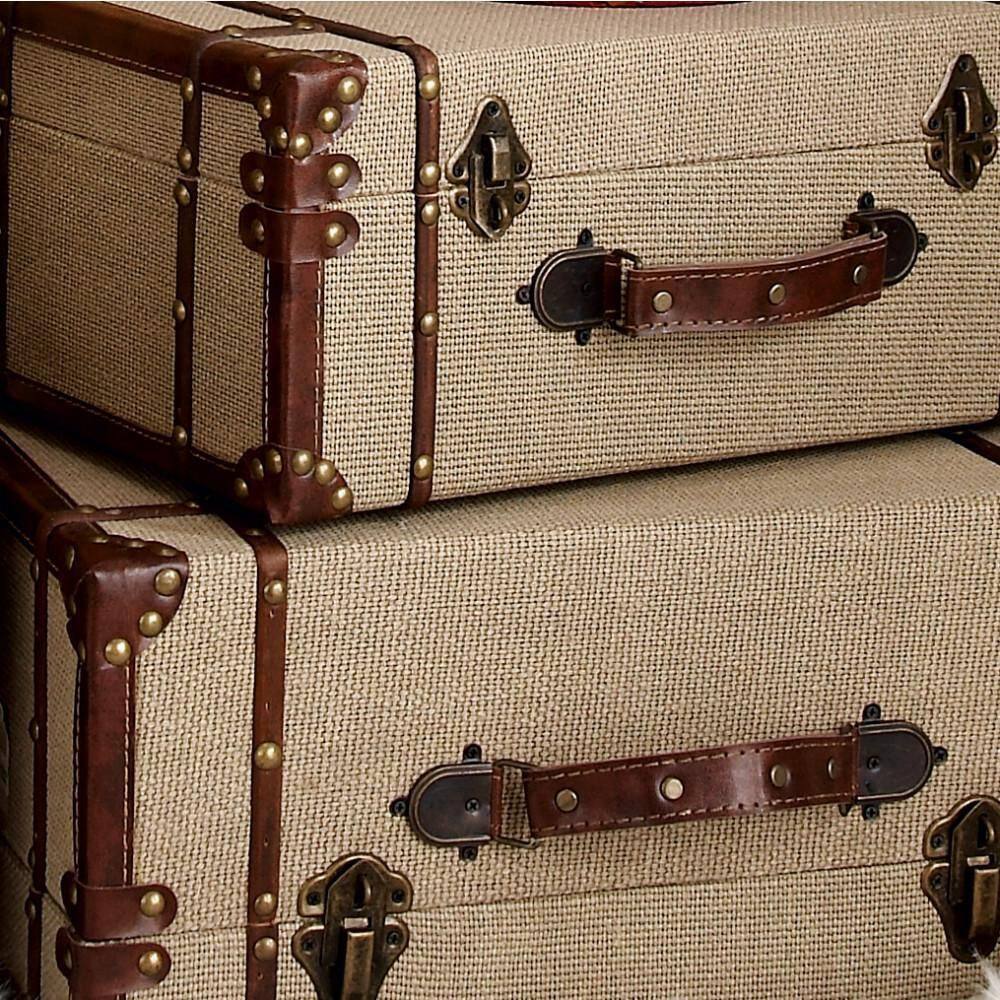 Beige Burlap and Leather Vintage Trunk Set, 2 Pieces