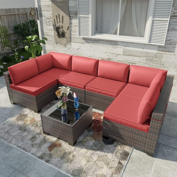7-Piece Wicker Outdoor Sectional Set with Cushion Red