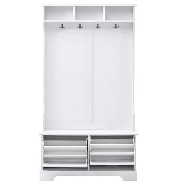 Unbranded 39.3 in. W x 17.7 in. D x 70.8 in. H White Wood Linen Cabinet with 3 Open Shelves, 2 Flip Drawers and 4 Hooks