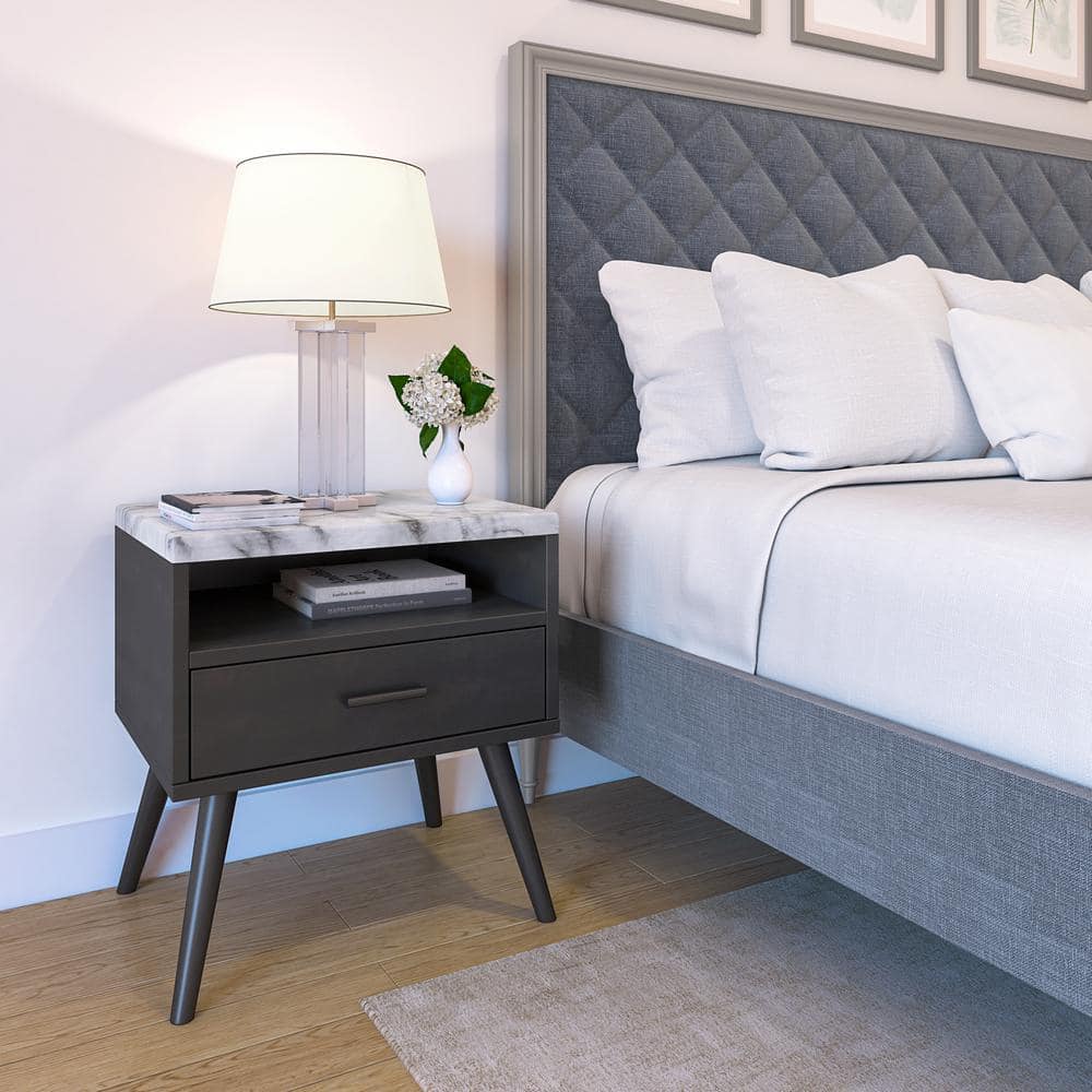 Marcello Mid-Century Modern 1 Drawer Nightstand, Black - Faux Marble Top, O