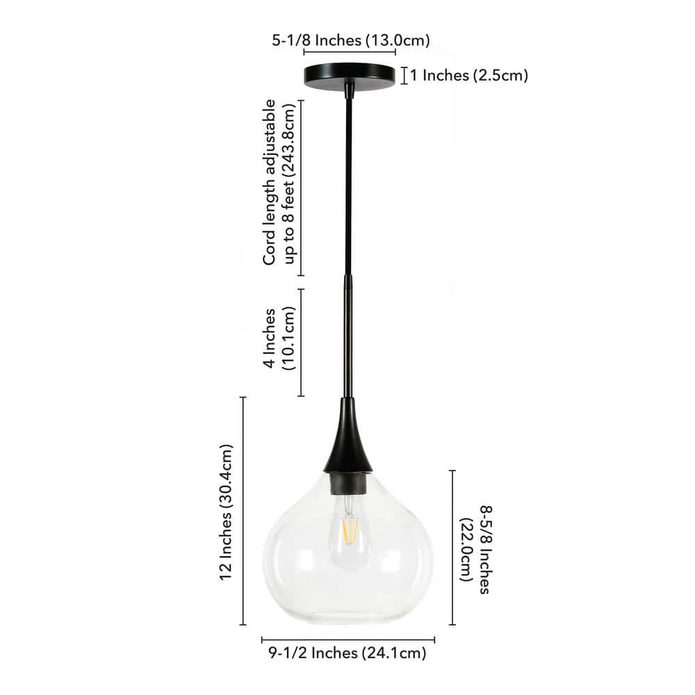 Matte Black Glass Teardrop Pendant Light with Adjustable Cord