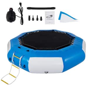 Inflatable Water Trampoline 10 ft. Round Inflatable Water Bouncer with Escalator for Water Sports,Blue and White