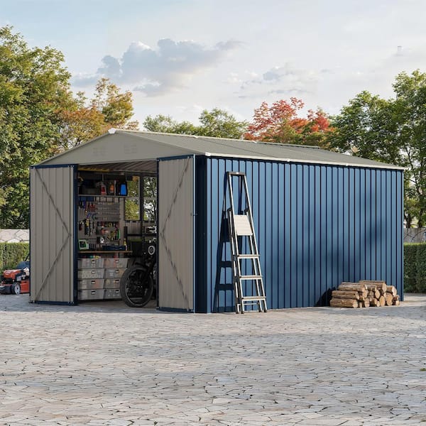 Heavy Duty Outdoor Metal Storage Outdoor Storage with Double Doors, Gable Roof & Side Window  for Lawn 10x12FT Blue