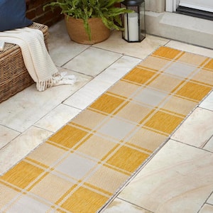 Sabine Yellow/Cream 2 ft. x 8 ft. Traditional Farmhouse Bold Gingham Indoor/Outdoor Runner Rug