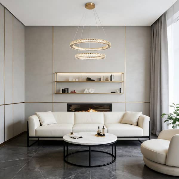 Luxury 2-Light Dimmable Integrated LED Plated Brass Circular Chandelier for Living Room