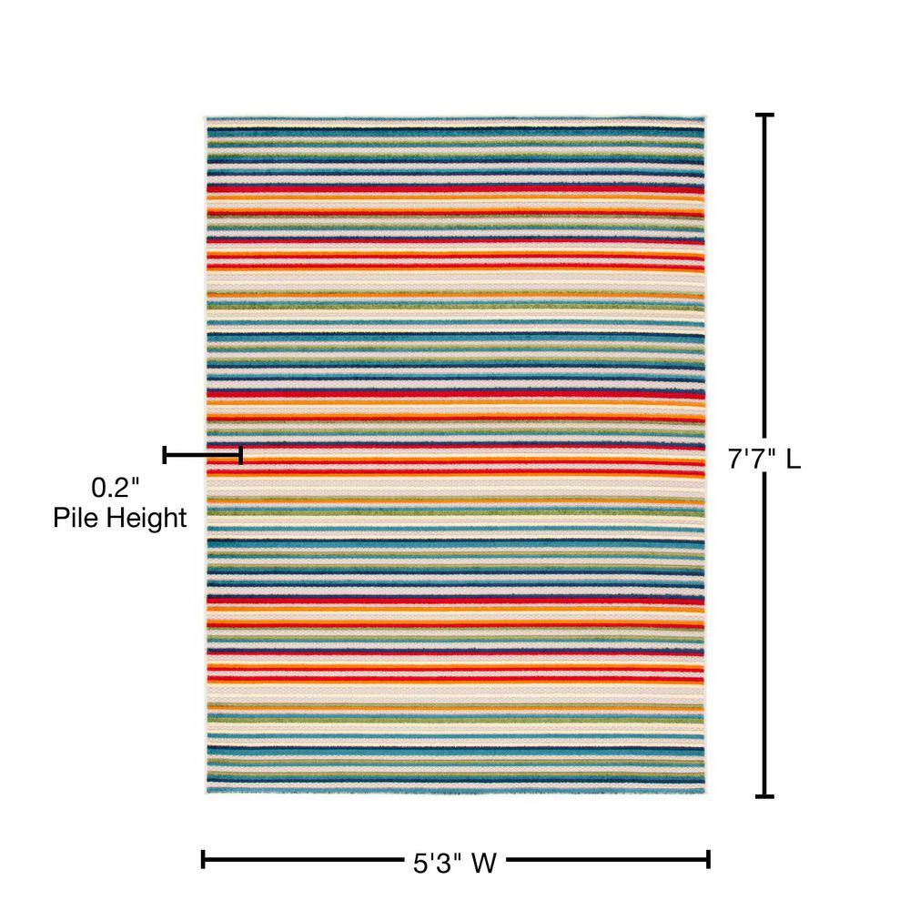 Ivory and Green Striped Synthetic Indoor/Outdoor Area Rug