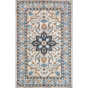 Teshi Floral Medallion Machine Washable Blue 8 ft. x 10 ft. Area Rug