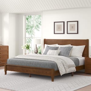 Yolo Brown Walnut Solid Red Oak Wood Frame King Size Platform Bed Frame with Headboard Wooden Slat Support