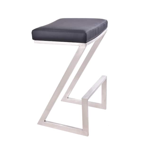 Armen Living Atlantis 30 in. Backless Bar Stool in Brushed Stainless Steel with Black Pu upholstery