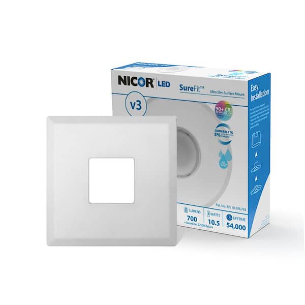 NICOR DLF SureFit(v3) 5 in. 10.1-Watt Square White Integrated LED Recessed Light Trim, 3000K