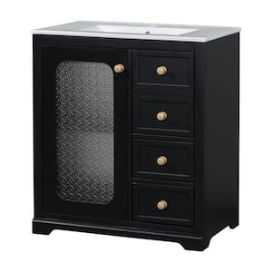 30 in. W Single Sink Freestanding Bath Vanity in Black with White Ceramic Top, shelves, Drawers / Soft Close Glass Door